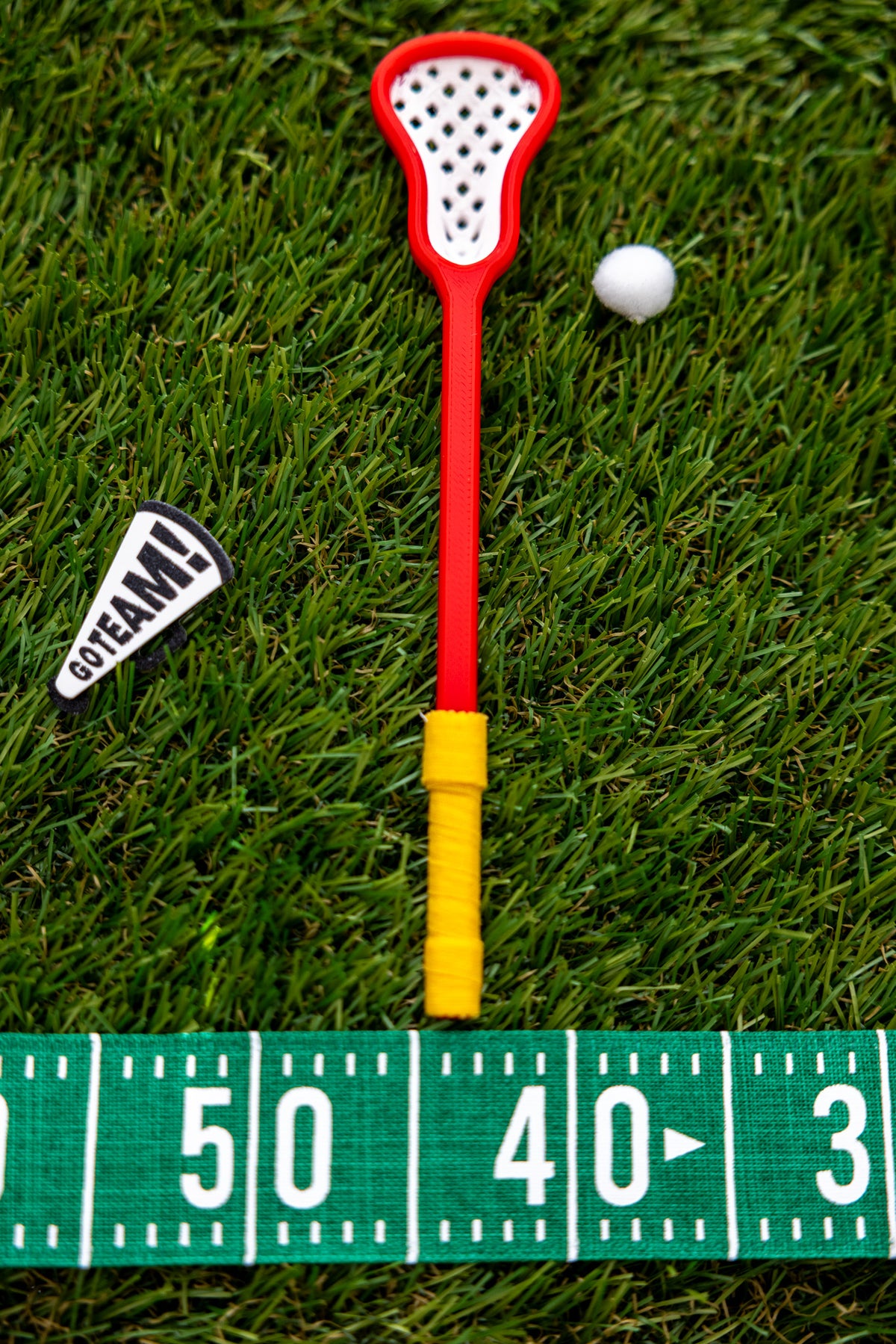 Mini Lacrosse Decorative Stick: White Basket/ Red Stick/  Yellow Wrap
