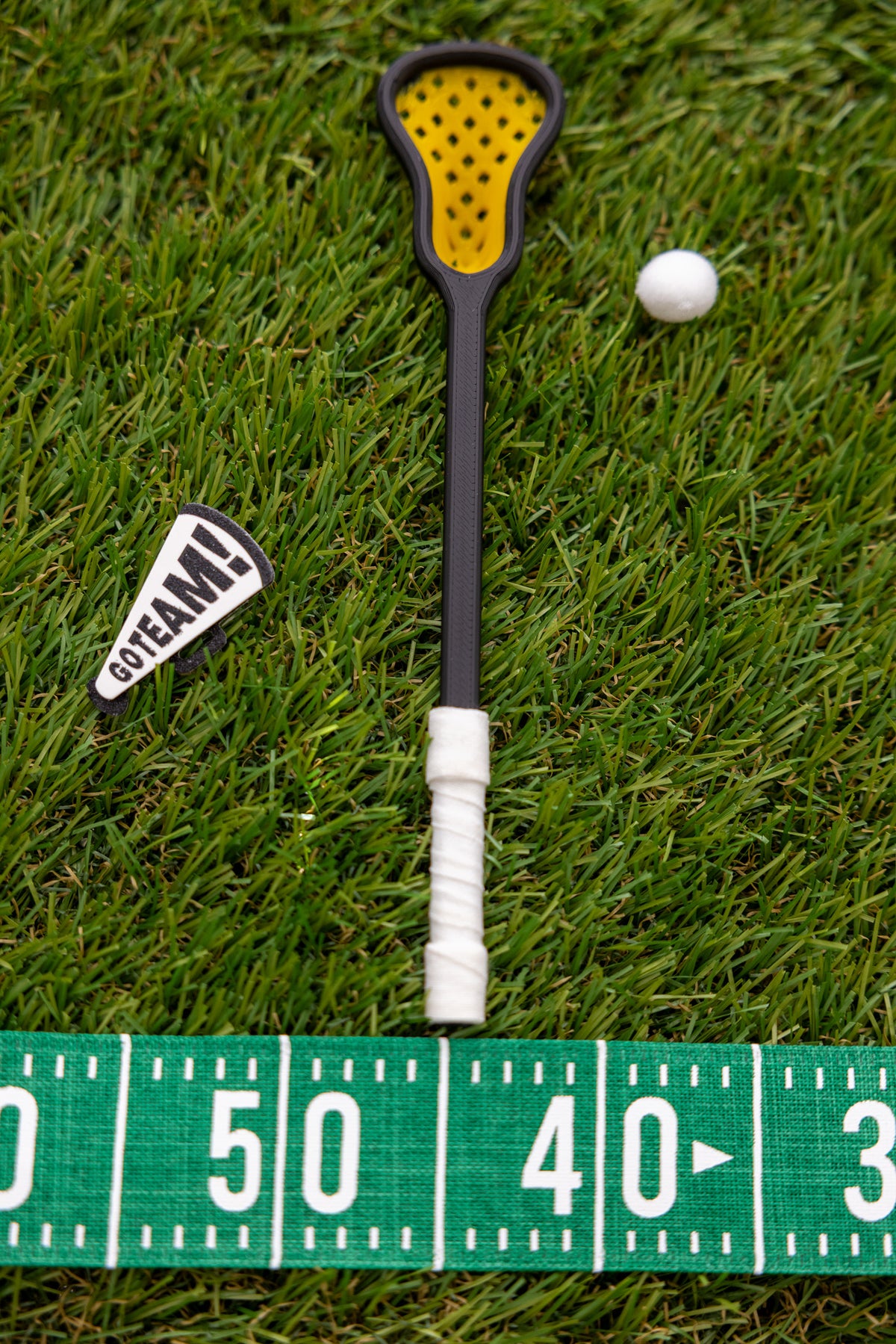 Mini Lacrosse Decorative Stick:  Yellow Basket/ Black Stick/ White Wrap