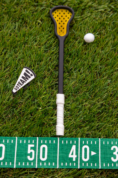 Mini Lacrosse Decorative Stick:  Yellow Basket/ Black Stick/ White Wrap