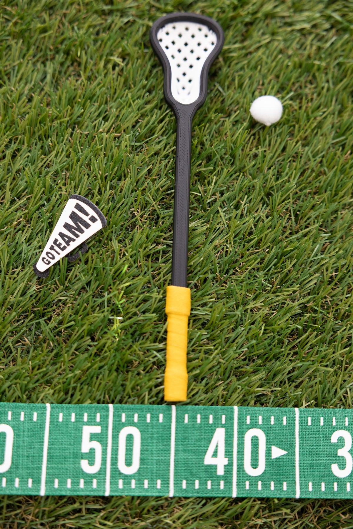 Mini Lacrosse Decorative Stick:  White Basket/ Black Stick/ Yellow Wrap