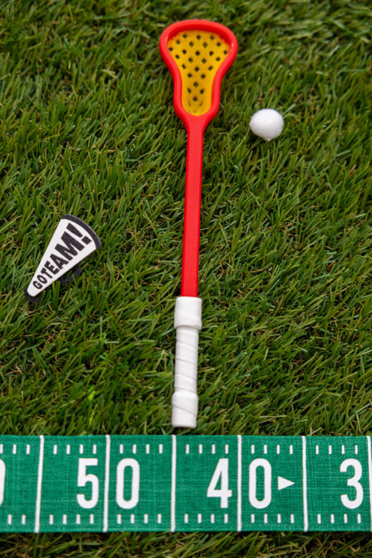 Mini Lacrosse Decorative Stick: Yellow Basket/ Red Stick/ White Wrap