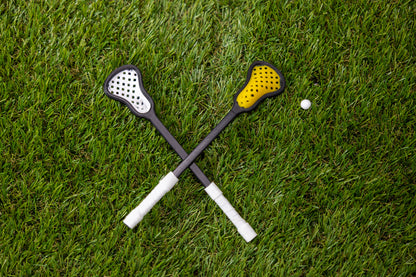 Mini Lacrosse Decorative Stick:  Yellow Basket/ Black Stick/ White Wrap