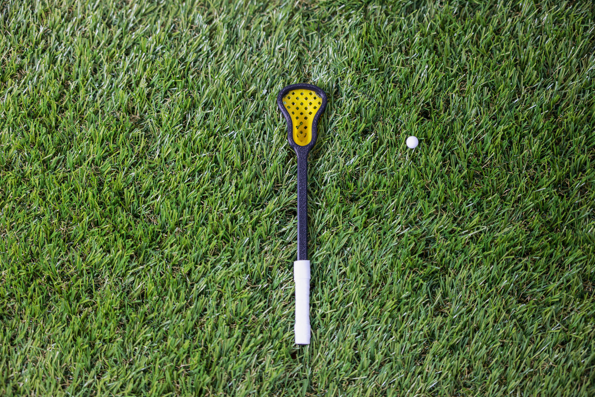 Mini Lacrosse Decorative Stick:  Yellow Basket/ Black Stick/ White Wrap