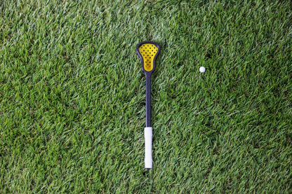 Mini Lacrosse Decorative Stick:  Yellow Basket/ Black Stick/ White Wrap
