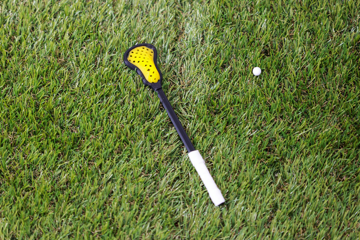 Mini Lacrosse Decorative Stick:  Yellow Basket/ Black Stick/ White Wrap