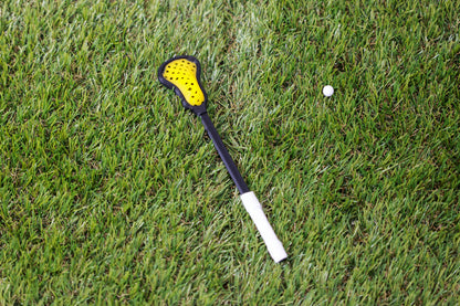 Mini Lacrosse Decorative Stick:  Yellow Basket/ Black Stick/ White Wrap
